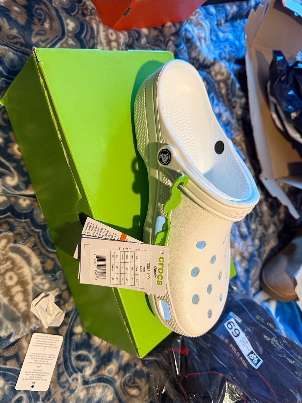 CROCS Kids' Classic Clog in White with Green Charm